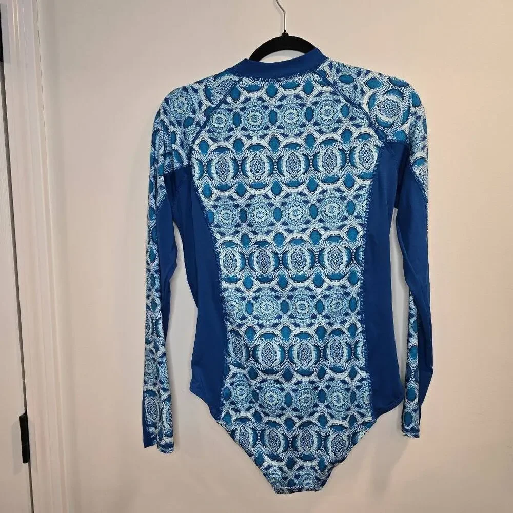 Cabana Life Womens Large Blue Long Raglan Sleeve Rash Guard Swimsuit - One Piece